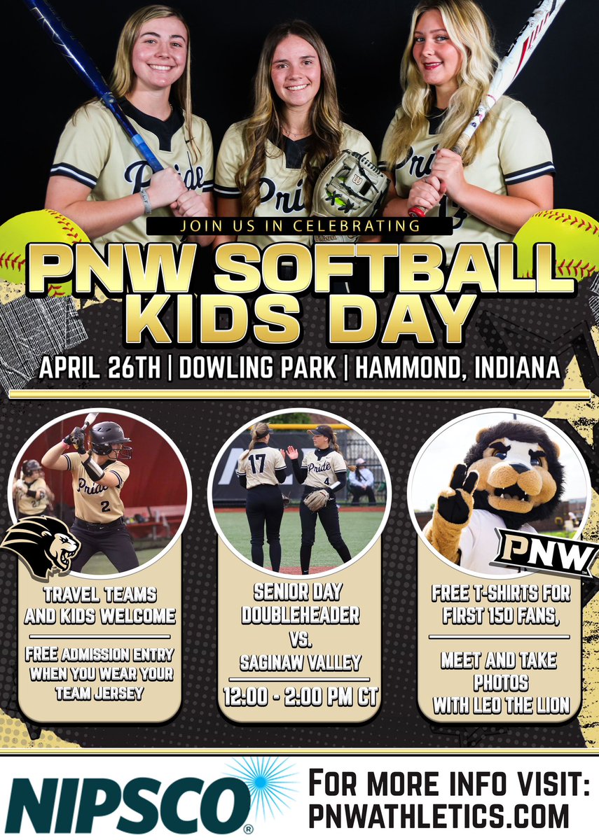 PRIDE FANS‼️‼️
Join us on Saturday, April 26 for the <a href="/PNWSoftball/">PNW Softball</a> Kids Day presented by <a href="/NIPSCO/">NIPSCO</a>! 🥎

Games start at 12 &amp; 2 PM CT at Dowling Park in Hammond, Indiana! 

FREE ADMISSION WHEN YOU WEAR YOUR TEAM JERSEY‼️‼️
#RoarPride 🦁
