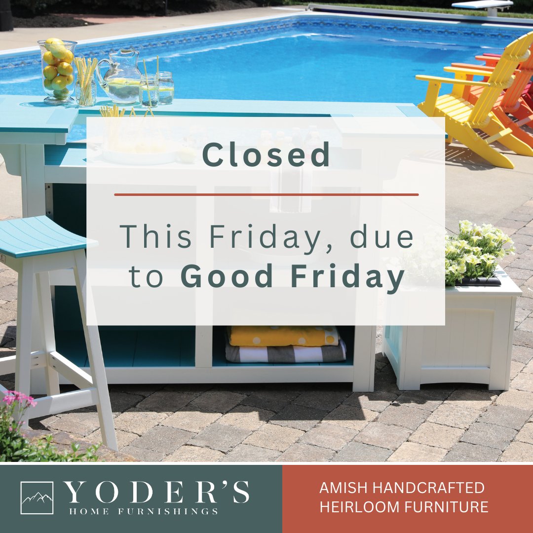 furnitureyoder's tweet image. Heads up! We’re closed this Good Friday but back on Saturday. 🎉 Swing by for a relaxed shopping day and explore our unique pieces. We can’t wait to see you! 🙌

#SeeYouSaturday #YodersHomeFurnishings #Westcliffe #WestcliffeAmish #AmishFurniture #ColoradoAmish #UniqueFurniture