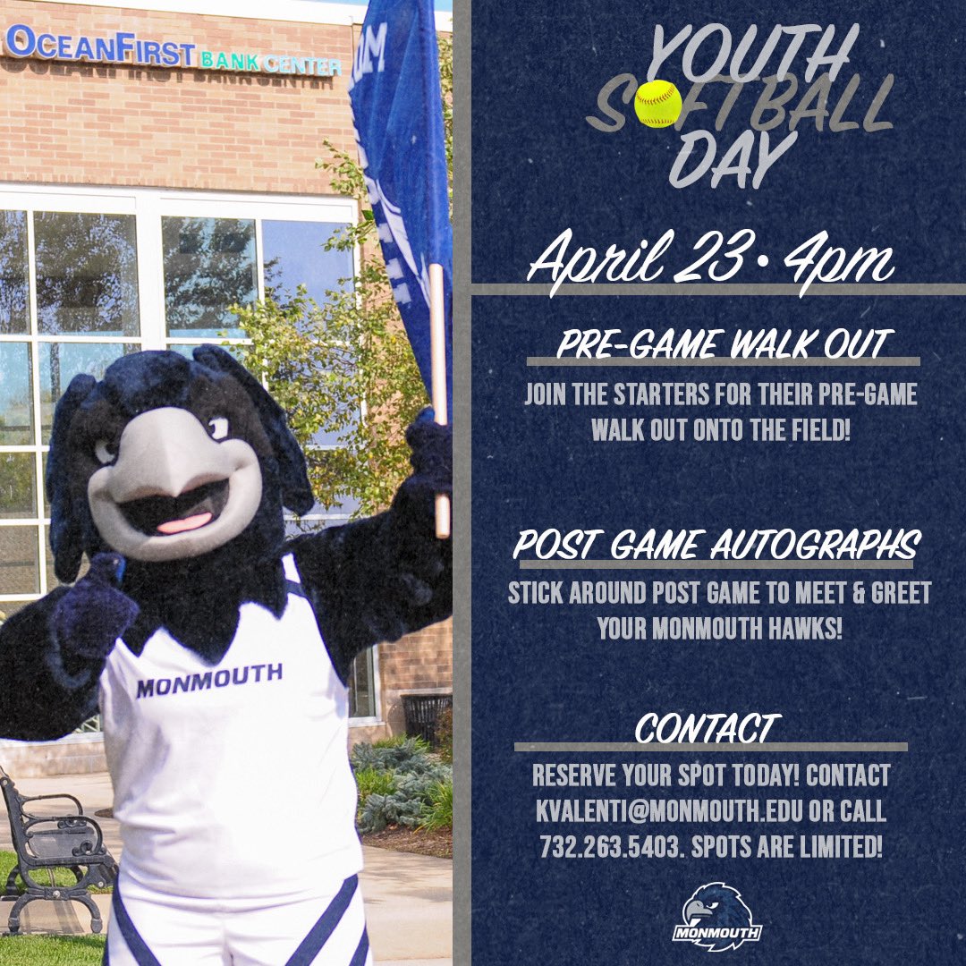 Monmouth Hawks (@monmouthhawks) on Twitter photo Monmouth Softball Youth Day is fast approaching!!
Pre-game walkout, in-game bingo, and postgame autographs are happening at MU Softball Park in ONE WEEK!
Reserve your spot!
#FlyHawks || <a href="/MonmouthSB/">Monmouth Softball</a> Monmouth Softball Youth Day is fast approaching!!
Pre-game walkout, in-game bingo, and postgame autographs are happening at MU Softball Park in ONE WEEK!
Reserve your spot!
#FlyHawks || <a href="/MonmouthSB/">Monmouth Softball</a>