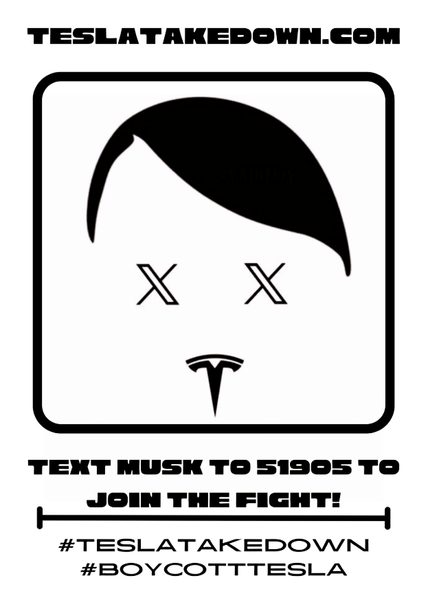 opfascism's tweet image. The #TeslaTakedown is still going strong!
Raise your voices.
Protest the autocratic oligarchy takeover of America.
Find a protest near you or go to a Tesla showroom.
👉 Teslatakedown.com
#OpStopFascism #BoycottTesla #Anonymous