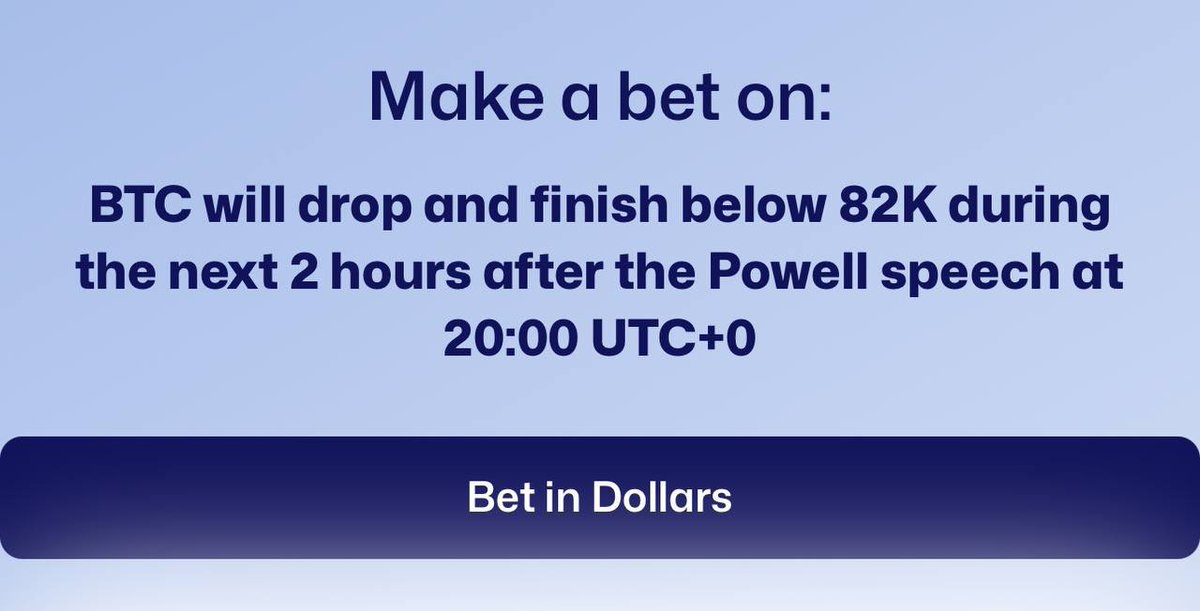 PlatformWord's tweet photo. 🚨NEW WORD: WILL BTC DIP BELOW $82k IN THE 2 HOURS AFTER POWELL’S SPEECH AT 20:00 UTC+0

Markets tend to move when Powell talks; will Bitcoin buckle or stay strong?

Make your call, place your bet.

🎰 Bet here:
https://t.co/y1vurFpeTP
