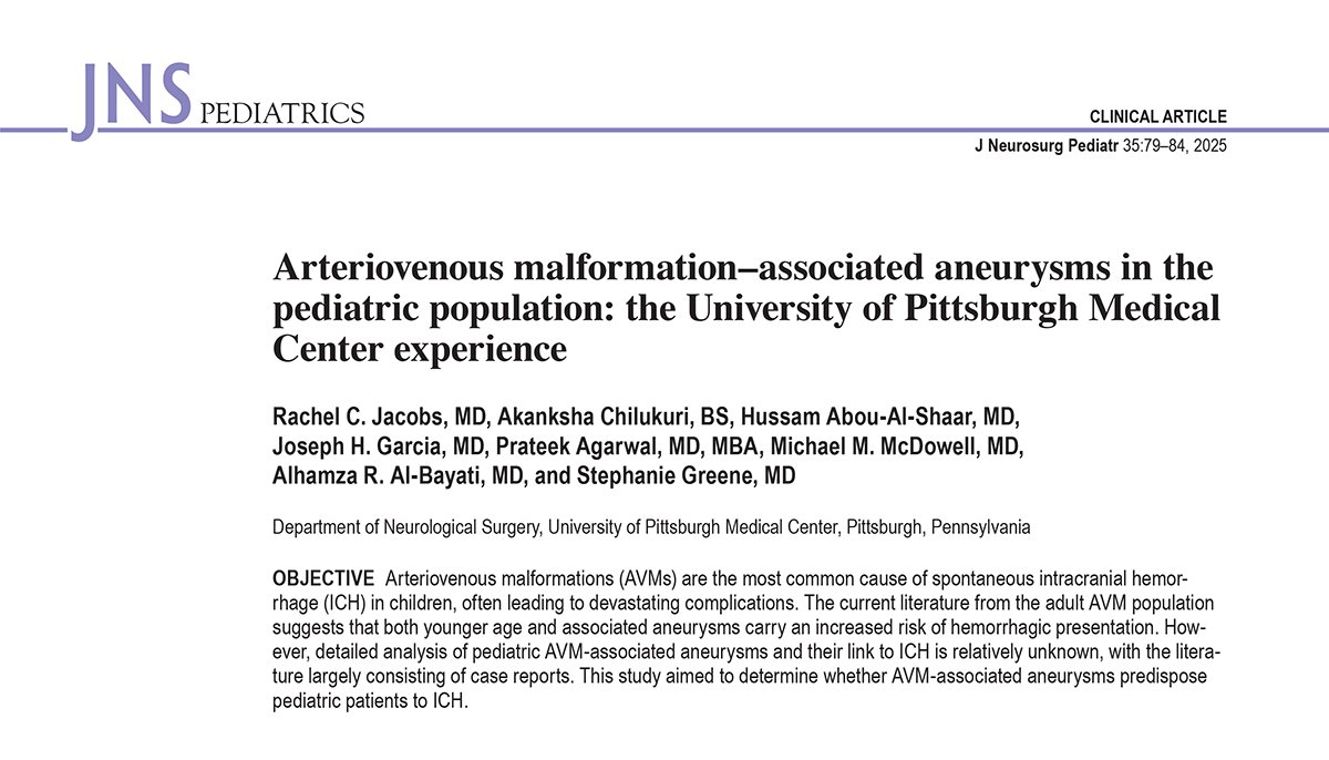 Pitt Neurosurgery (@pittneurosurg) on Twitter photo Researchers publish retrospective cohort study on intracranial hemorrhage in pediatric patients with AVM-associated aneurysms spanning 1988 to 2023. thejns.org/pediatrics/vie… <a href="/ChildrensPgh/">UPMC Children's Hospital of Pittsburgh</a> <a href="/pitt_medicine/">University of Pittsburgh School of Medicine</a> <a href="/teeksagarwal/">Prateek Agarwal, MD, MBA</a> <a href="/haboualshaar/">Hussam Abou-Al-Shaar</a> Researchers publish retrospective cohort study on intracranial hemorrhage in pediatric patients with AVM-associated aneurysms spanning 1988 to 2023. thejns.org/pediatrics/vie… <a href="/ChildrensPgh/">UPMC Children's Hospital of Pittsburgh</a> <a href="/pitt_medicine/">University of Pittsburgh School of Medicine</a> <a href="/teeksagarwal/">Prateek Agarwal, MD, MBA</a> <a href="/haboualshaar/">Hussam Abou-Al-Shaar</a>
