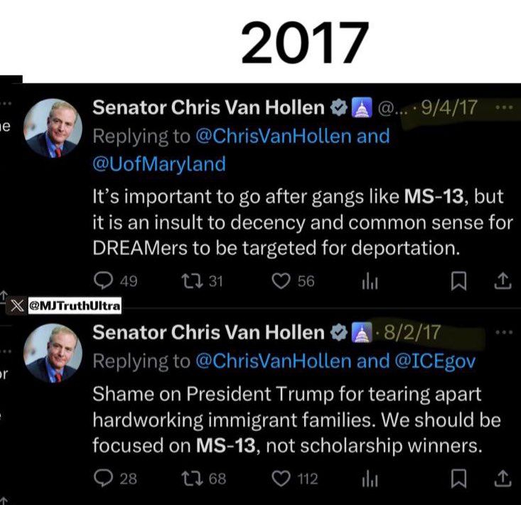 MJTruthUltra's tweet image. This is so good… 🤣
(D) Senator Chris Hollen traveled to El Salvador hoping to bring back the illegal alien MS-13 gang member
2017:
It’s important to go after gangs like MS-13. Shame on President Trump.. he should be focused on MS-13.