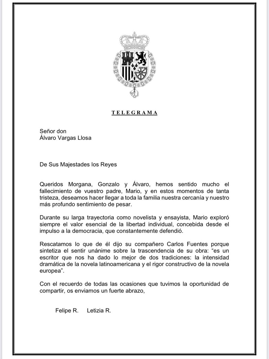 La conmovedora carta que nos han hecho llegar Sus Majestades los Reyes Don Felipe y Doña Letizia y que agradecemos profundamente.⁦<a href="/morganavll/">Morgana Vargas Llosa</a>⁩