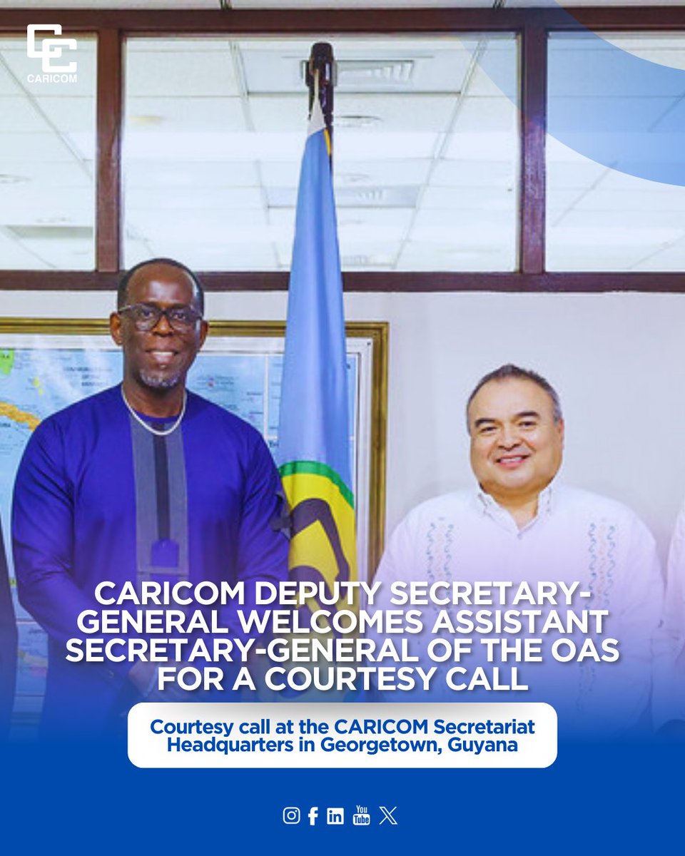 🤝🏽On Monday 14 April 2025, #CARICOM DSG <a href="/ArmstrongAlexi1/">Armstrong Alexis Deputy Secretary General- CARICOM</a> welcomed <a href="/NestorMendezOAS/">Nestor Mendez</a> Assistant Secretary-General of <a href="/OAS_official/">OAS</a> for a courtesy call at the CARICOM  HQ in 🇬🇾.

🔗Click the link for the full details ➡️ ow.ly/yGag50VBSLr