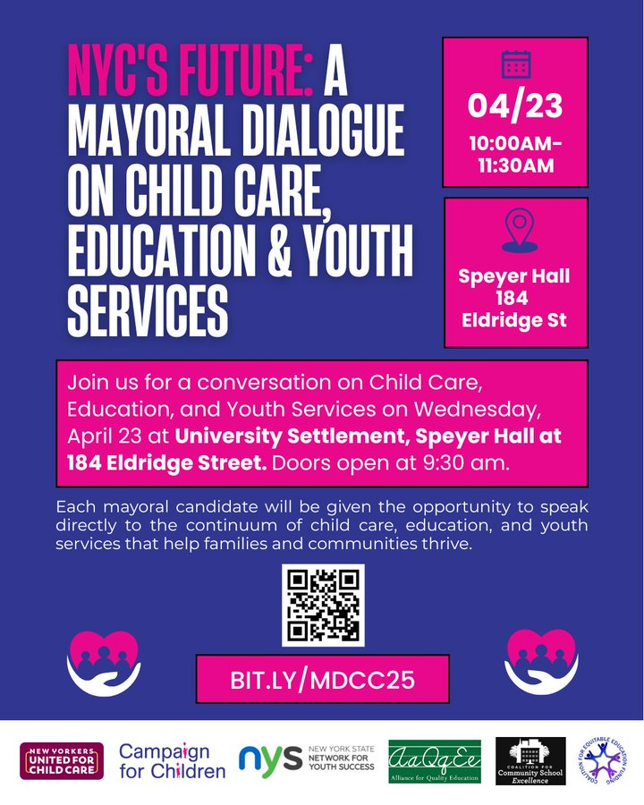 Please join the Campaign for Children, the Coalition for Equitable Education Funding, and our partners for an in-person conversation on Wednesday, 4/23, at 10am with NYC 2025 mayoral candidates on Child Care, Education, and Youth Services. 
Register: loom.ly/KisHqTI