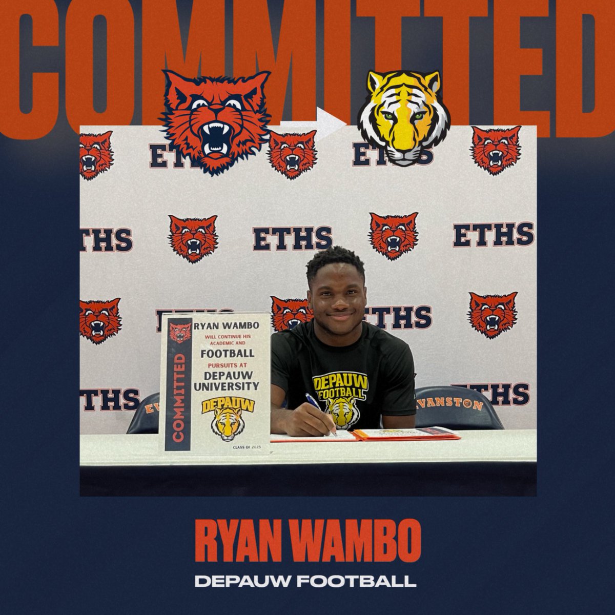Congratulations &amp; #MaxEffort to Ryan Wambo on his commitment to attend school and continue playing Football at Depauw University!!!
#Kits2College #SigningDay
<a href="/the_evanstonian/">The Evanstonian</a> <a href="/EvanstonPatch/">Evanston Patch</a> <a href="/CSL_Varsity/">CSL Varsity</a> <a href="/EvRoundTable/">Evanston RoundTable</a> <a href="/ETHSWildkits/">Evanston Township High School</a> @eths_football @depauwtigersfb