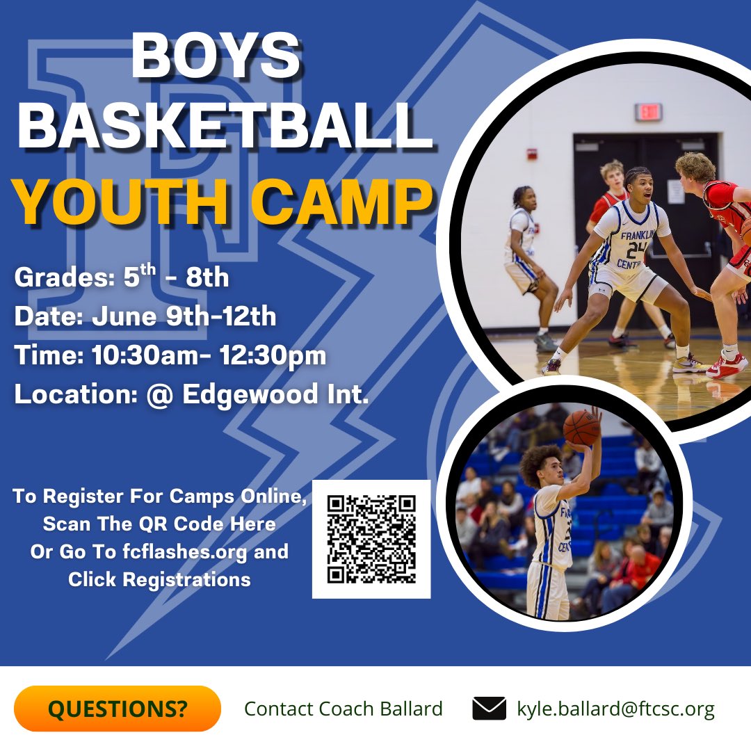 🚨 It’s that time of year again! 🚨 

Summer will be here before we know it. Registration for Flashes Boys’ Basketball Camps is open NOW. See you there! 

#WeAreFlashes <a href="/FCFlashes/">Franklin Central Athletics</a>