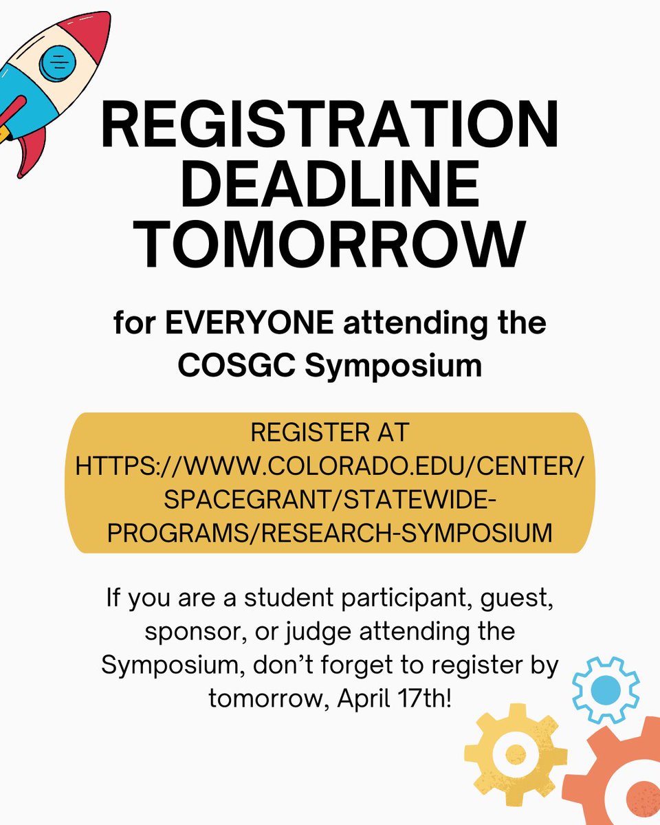 Planning to attend the COSGC Symposium on April 26th? Registrations are due tomorrow, April 17th, for ALL attendees!

Register here: colorado.edu/center/spacegr…