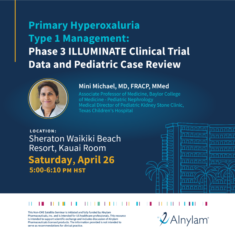 Alnylam's tweet photo. U.S. HCPs: Attending #PAS2025? Be sure to save the date for our symposium TOMORROW to learn more about the pediatric data available for our RNAi therapeutic for primary #hyperoxaluria type 1 (#PH1). @PASMeeting https://t.co/gPymeoiV2b