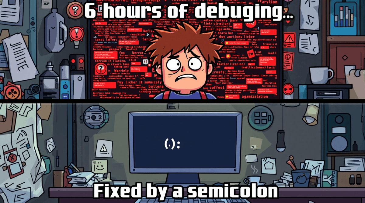 mnavgator's tweet image. When you finally fix a bug after 6 hours of debugging, it was just a missing semicolon.
#TechLife #ProgrammerProblems #Relatable #CodingHumor