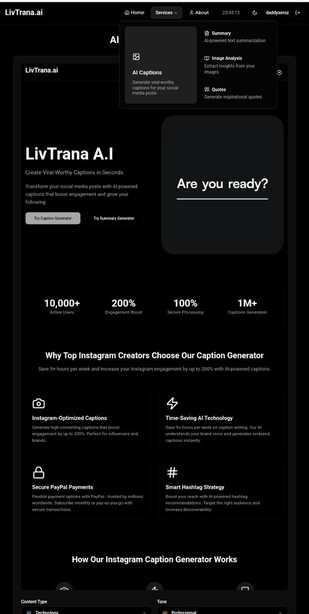 SwitchToMonk's tweet photo. Stop wasting time on captions! 🚀  LivTrana AI generates viral-worthy Instagram captions in SECONDS. Boost engagement by 200%!  Try it now! #AICaptions #InstagramGrowth #SocialMediaMarketing #AISocialMedia #TimeSavingTools https://t.co/xdNoDTaYxy