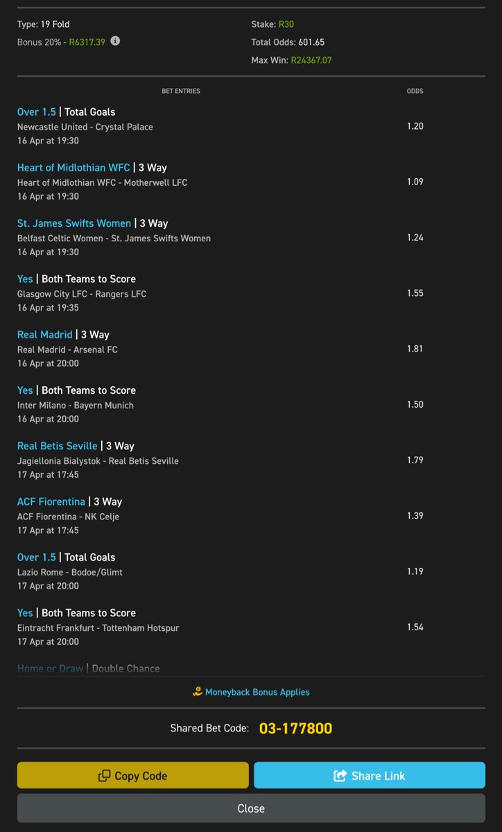 RoyalBETCODES's tweet photo. Comeback night…@Easybet_SA ⚽

🟡Betcode👉 03-177800

Kick-Off:LIVE

🟡Copy betslip 👉
https://t.co/XwsRpIB83x 03-177800
Not yet on Easybet?
Sign up using my promo code ROYAL to get a R50 Sign-Up Bonus + 25 Bonus Spins 👉 https://t.co/CA9f37DUJi
T&amp;Cs Apply. 18+ Only
#easybetsa https://t.co/zTyJDAa4MK