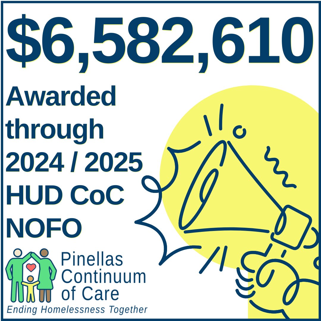 🚨 Big news! The #PinellasCoC has been awarded $6.58M from <a href="/HUDgov/">Department of Housing and Urban Development</a> - a $433K ⬆️over last year - to help #EndHomelessness.
🏠These funds will support vital housing, supportive services, &amp; community planning.
📲 Learn more: PinellasCoC.org/funding
#EndingHomelessnessTogether