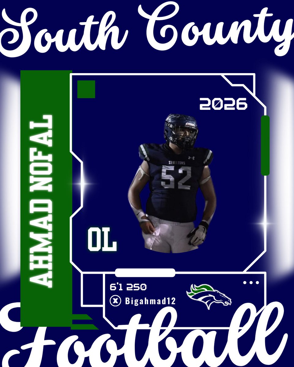 Stallion Football (@socofootball) on Twitter photo π’South County Player Spotlight π΅<a href="/SoCoFootball/">Stallion Football</a>
Name: Ahmad Nofal
Position: OL
Year: C/O 2026
Size:Β Β 6β1 250
GPA: 3.5
X:<a href="/bigahmad12/">Ahmad Nofal</a>
Hudl: hudl.com/video/3/173405β¦ π’South County Player Spotlight π΅<a href="/SoCoFootball/">Stallion Football</a>
Name: Ahmad Nofal
Position: OL
Year: C/O 2026
Size:Β Β 6β1 250
GPA: 3.5
X:<a href="/bigahmad12/">Ahmad Nofal</a>
Hudl: hudl.com/video/3/173405β¦
