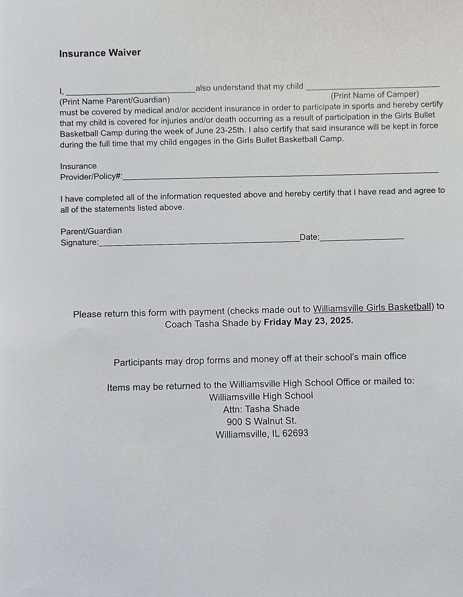 All incoming 1st - 8th grade girls interested in basketball, the Williamsville Girls Basketball team is hosting a camp June 23-25 in the fieldhouse.