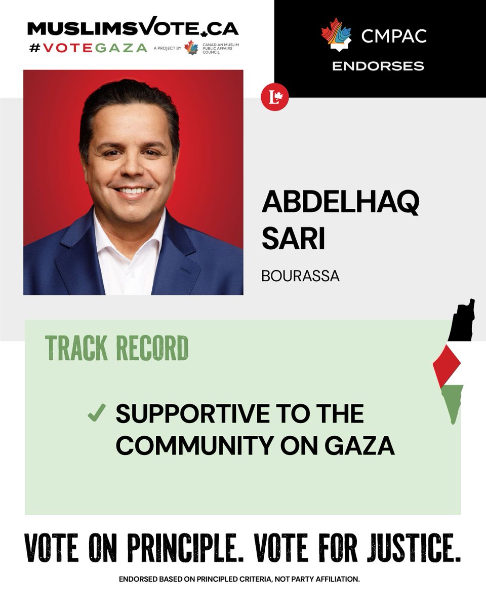 MuslimsVote2025's tweet photo. CMPAC proudly endorses @sari_ab in Bourassa for his principled leadership on Gaza
🗳️ Voted YES to NDP Gaza Motion
Learn more about Abdelhaq Sari: https://t.co/Ysn5H3k9ud
#VoteForGaza https://t.co/PFGn7ZRtxG