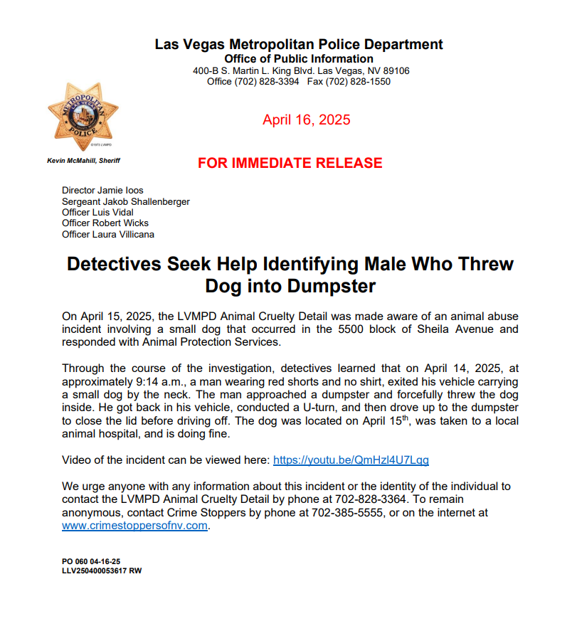LVMPD's tweet photo. Detectives need help identifying the man seen below who discarded a small dog in a dumpster on April 14, 2025, near Smoke Ranch and Decatur. https://t.co/Uqmm9j3eVj