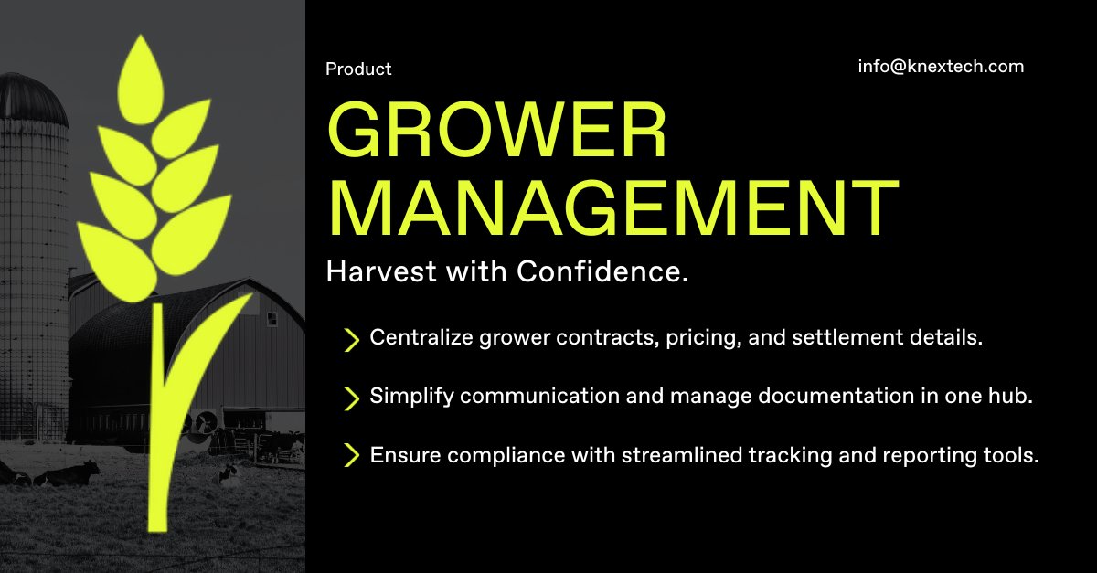 KNEX Technology (@knextech) on Twitter photo Harvest with confidence.
Our Grower Management solution helps you centralize contracts, streamline communication, and stay compliant, all in one place.
Learn More: knextech.com/product/grower…
Contact: info@knextech.com
#AgTech #GrowerManagement #KNEX #Oracle #OraclePartner Harvest with confidence.
Our Grower Management solution helps you centralize contracts, streamline communication, and stay compliant, all in one place.
Learn More: knextech.com/product/grower…
Contact: info@knextech.com
#AgTech #GrowerManagement #KNEX #Oracle #OraclePartner