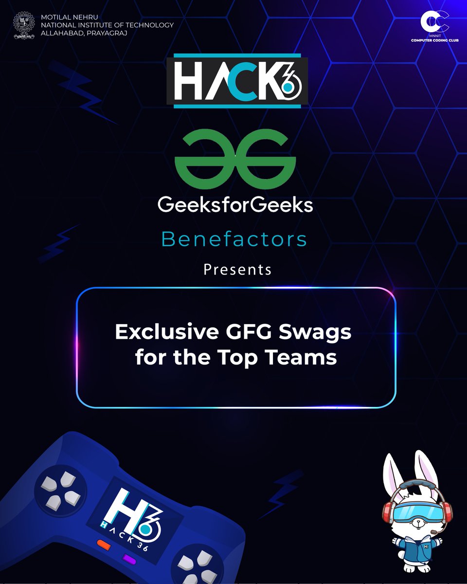 Hack 36 (@hack36mnnit) on Twitter photo Hey Hackers!
We’re thrilled to announce that our Benefactors <a href="/geeksforgeeks/">GeeksforGeeks</a> are offering 🎁 Exclusive Swags for Top Teams!
Stay tuned for more exciting updates!
#UnchainTheHacks
#Hack36
#MNNIT
#Hackathon_MNNIT
#Hackathon Hey Hackers!
We’re thrilled to announce that our Benefactors <a href="/geeksforgeeks/">GeeksforGeeks</a> are offering 🎁 Exclusive Swags for Top Teams!
Stay tuned for more exciting updates!
#UnchainTheHacks
#Hack36
#MNNIT
#Hackathon_MNNIT
#Hackathon