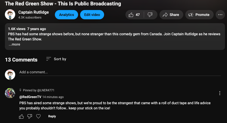 CaptainRutlidge's tweet photo. So....got a comment from @realredgreen today on an old video. And it only took seven years! https://t.co/9XAHu9MapV