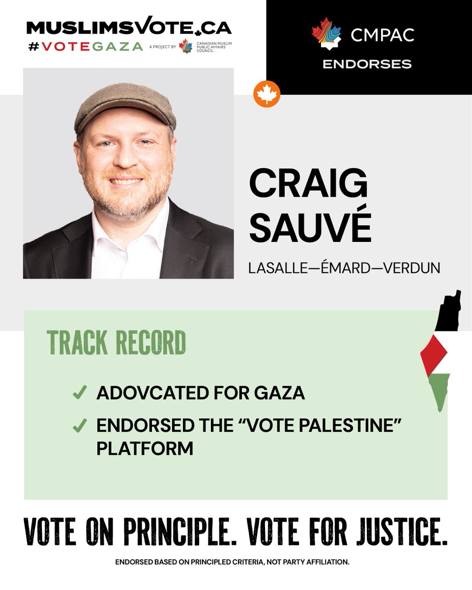 MuslimsVote2025's tweet photo. CMPAC proudly endorses @CraigSauve in LaSalle—Émard—Verdun for his principled leadership on Gaza
🗣️ Advocated for Gaza
🤝 Endorsed the Vote Palestine platform
Learn more about Craig Sauvé: https://t.co/FioaouAlot
#VoteForGaza https://t.co/XuTvHzrjmJ