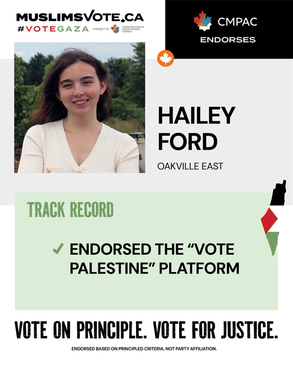 MuslimsVote2025's tweet photo. CMPAC proudly endorses Hailey Ford in Oakville East for her principled leadership on Gaza
🤝 Endorsed the Vote Palestine platform
Learn more about Hailey Ford: https://t.co/ZP3c749XDU
#VoteForGaza https://t.co/cHREuOjDVQ