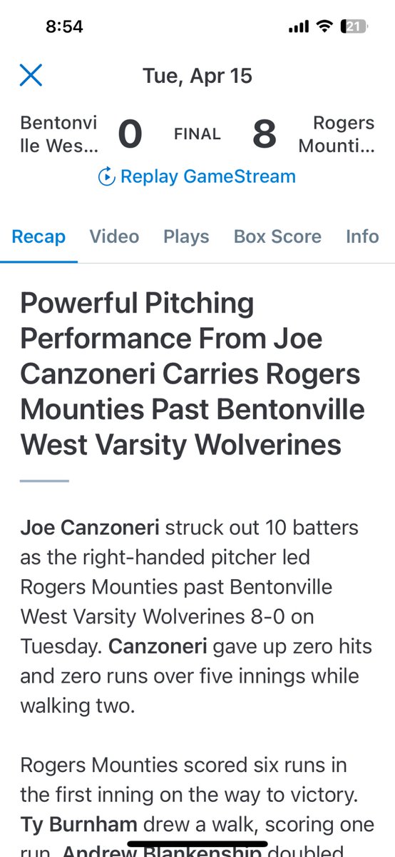 David Regan (@davidregan25) on Twitter photo Another great pitching performance <a href="/Joe_Canzo/">Joseph Canzoneri</a> last night vs Bentonville West. Striking out 10 in 5 full innings
<a href="/rhs_21/">RHS-Athletics</a> <a href="/ConnorsBaseball/">Connors State Baseball</a> Another great pitching performance <a href="/Joe_Canzo/">Joseph Canzoneri</a> last night vs Bentonville West. Striking out 10 in 5 full innings
<a href="/rhs_21/">RHS-Athletics</a> <a href="/ConnorsBaseball/">Connors State Baseball</a>