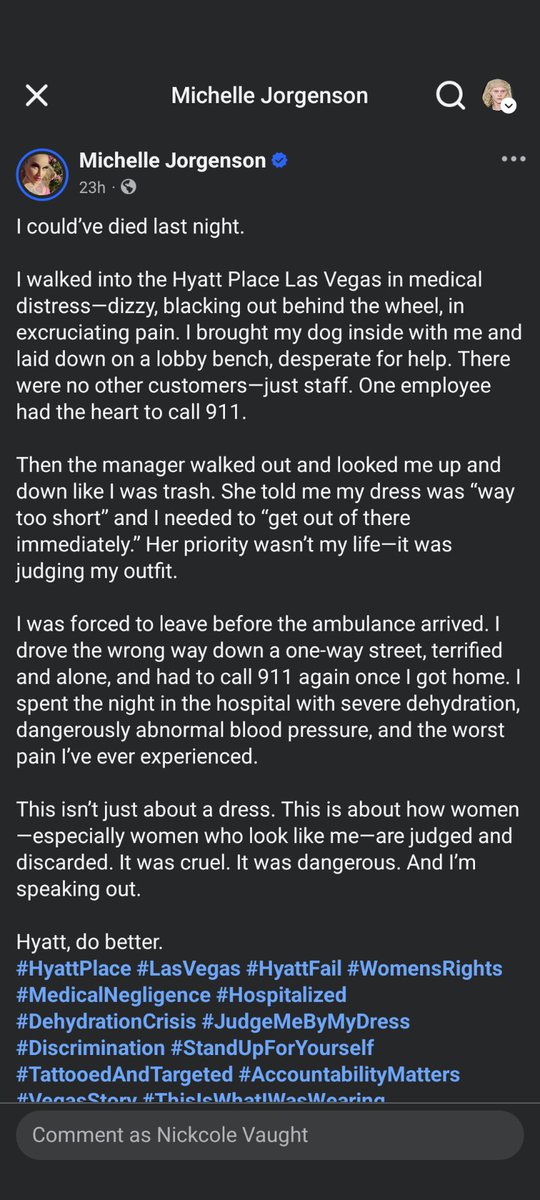 Mercede80080293's tweet photo. This is my friend that almost died due to an unforseen medical problem. She literally was just looking for help at the @Hyatt in Vegas Nevada. Y'all should be ashamed of yourself and got a lot of explaining to do. https://t.co/k2Opbmpf0r