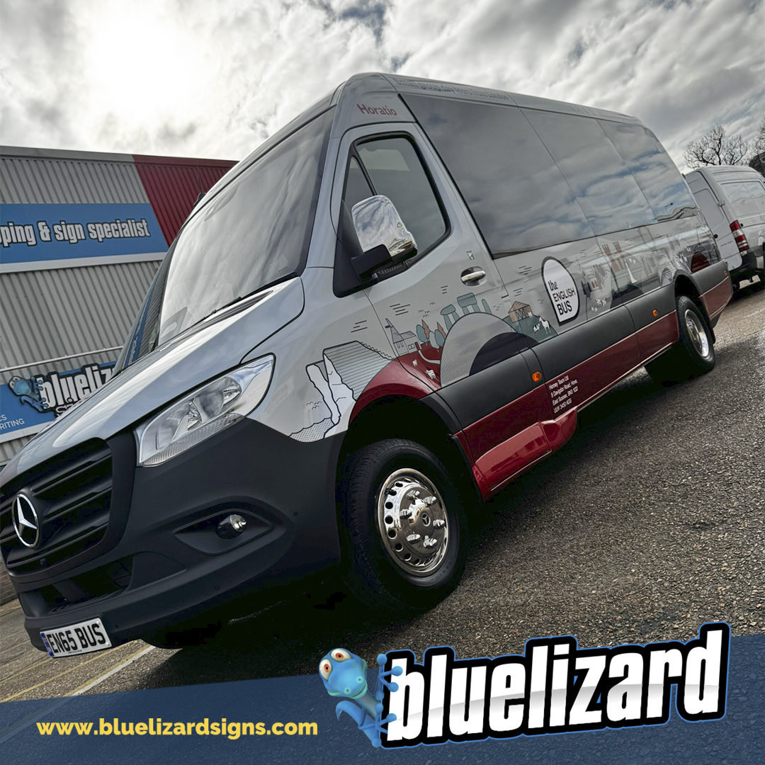 BlueLizardSigns's tweet image. Two sprinter minibuses complete for @theenglishbus Digitally printed on a clear 3M vinyl, allowing a glimpse of the metallic paintwork through the graphics for an impressive finish.

Vehicle graphics &amp;amp; wraps by Blue Lizard Signs.

#commercialwrap#vehiclewrap #vansignwriting