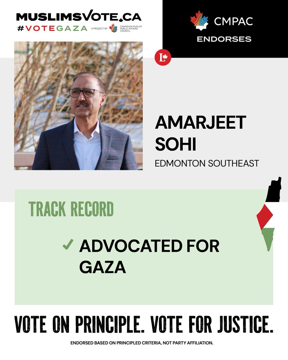 MuslimsVote2025's tweet photo. CMPAC proudly endorses @AmarjeetSohiYEG in Edmonton Southeast for his principled leadership on Gaza
💬 Advocated for Gaza
Learn more about Amarjeet Sohi: https://t.co/Wk9KkkFg3n
#VoteForGaza https://t.co/rMnNybvzIp