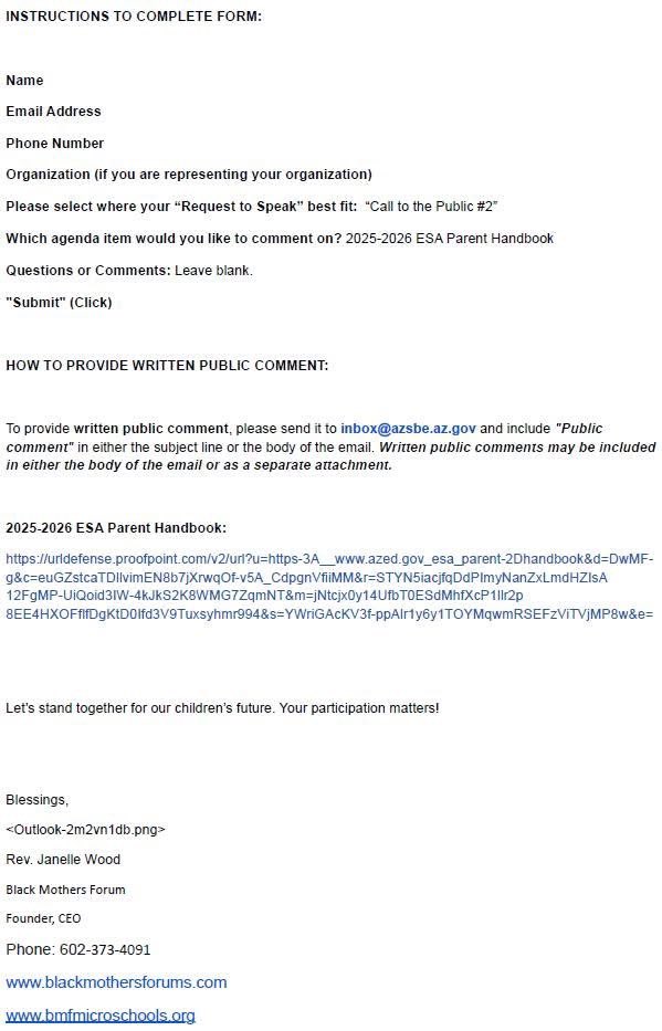 🚨Janelle Wood, ESA handbook facilitator, is pushing her ACTIVIST GROUP, Black Mothers Forum, to approve the draft?
She’s NOT an ESA parent, she’s a ClassWallet vendor. 
Conflict of interest. She’s an activist, not a parent voice. This needs immediate investigation <a href="/RealTomHorne/">SPI Tom Horne</a>