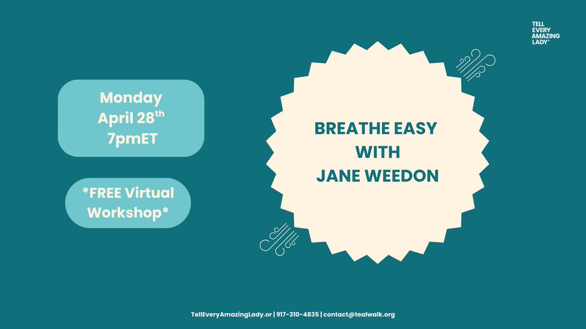 Join us for Breathe Easy with Jane Weedon on Monday, April 28th at 7pmET on zoom. This workshop is FREE for all.
Jane is a licensed physical therapist and Tell Every Amazing Lady®’s Wellness Program Coordinator. Her workshop will include basic anatomy, biomechanics and the
