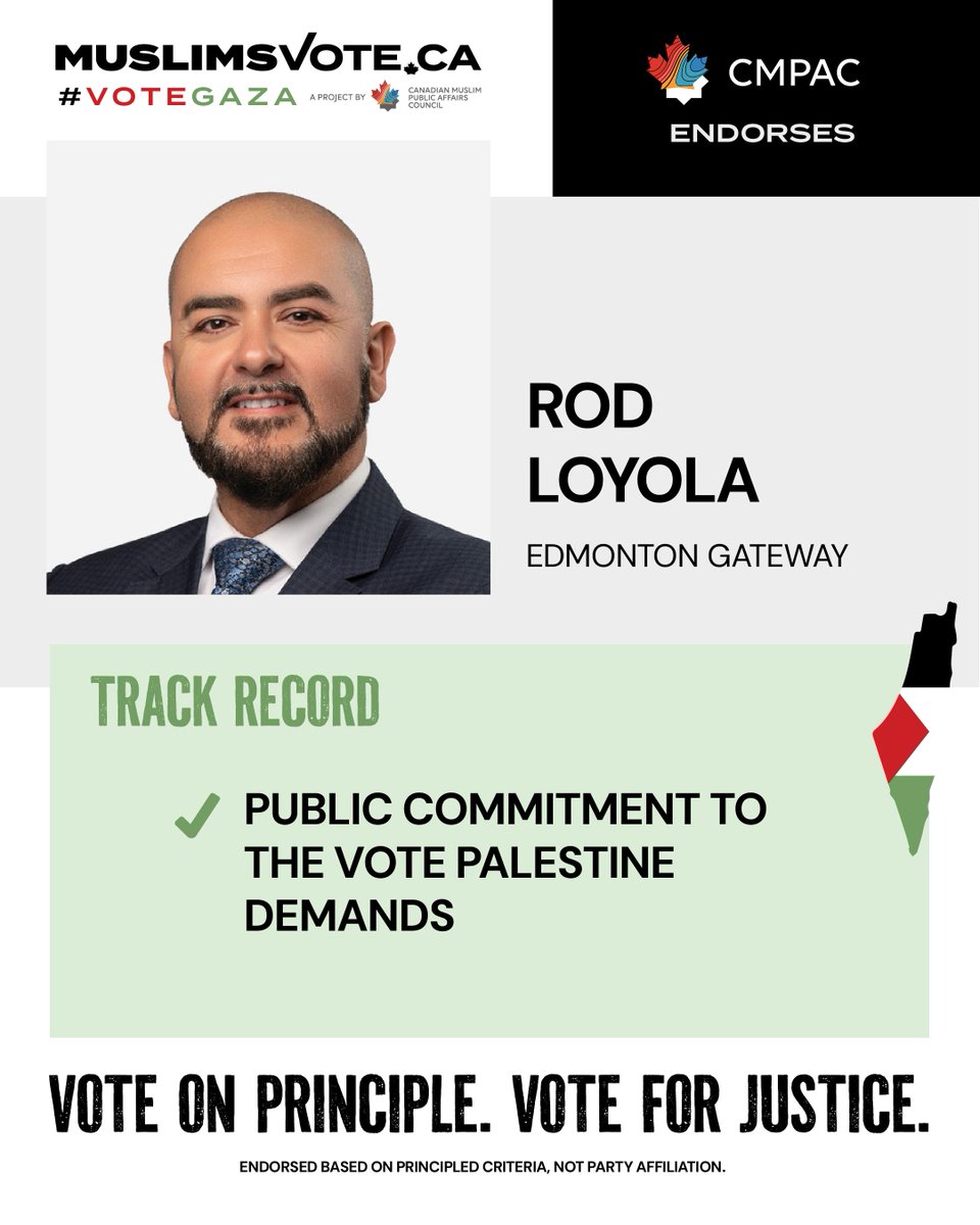 MuslimsVote2025's tweet photo. CMPAC proudly endorses @rod_loyola in Edmonton Gateway for his principled leadership on Gaza
📢 Committed to the Vote Palestine demands
Learn more about Rod Loyola: https://t.co/ulAvc5sM0i
#VoteForGaza https://t.co/xD3Z9s2dFN