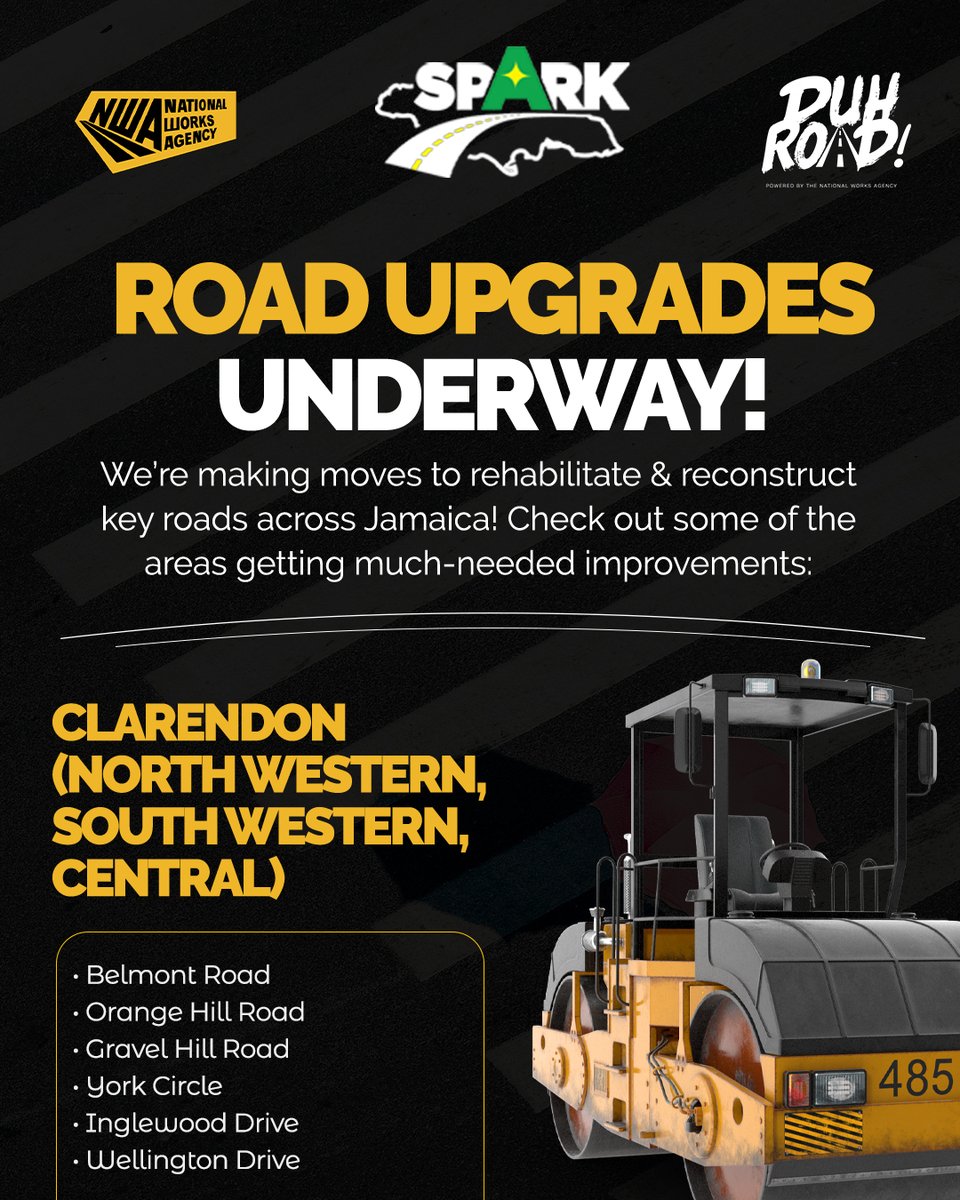 NWA_JA's tweet photo. Clarendon, it's your time! 👷🏾‍♀️ Road upgrades are officially underway under SPARK. Stay alert, follow our socials and stay informed. #NWAJamaica #SPARKJA #RoadImprovement #BetterInfrastructure https://t.co/pzXtyXG1GX