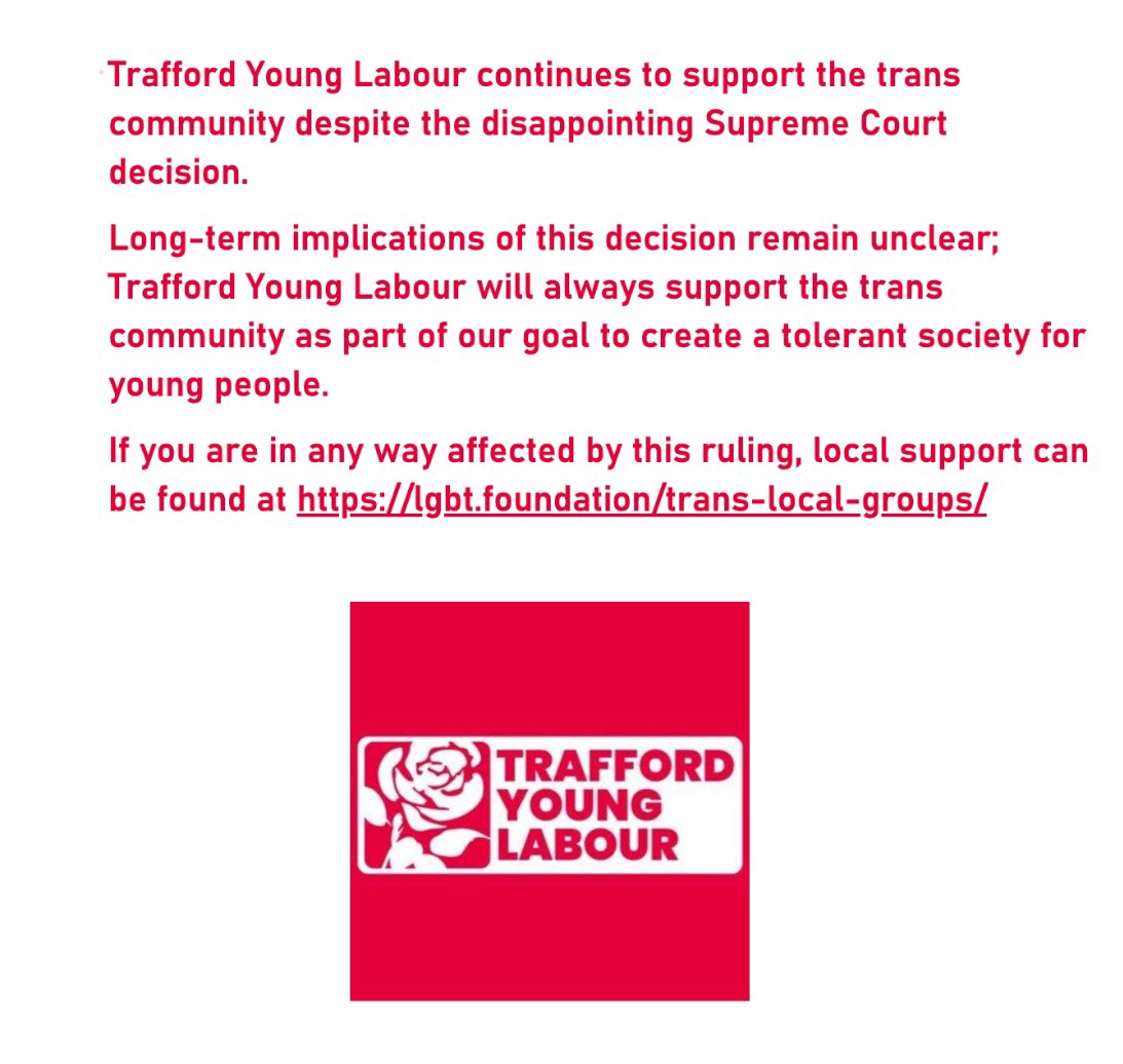 TraffordYL's tweet image. Trafford Young Labour are fully behind the trans community. 🏳️⚧️🏳️🌈
Link to the support here ->
lgbt.foundation/trans-local-gr…
#labourpartyuk #labour #younglabour