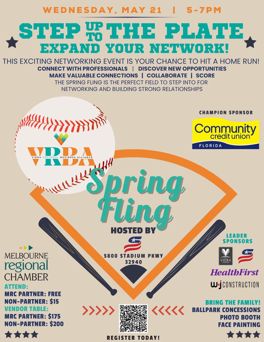 ⚾ Step up to the plate and take your networking game to the next level at the Annual VRBA Spring Fling! 

Register Here: ow.ly/8JQ050VBTsS

Thank you to our sponsors!
Champion: CCU Florida 
Leaders: The Viera Company, USSSA, Health First, and W+J Construction Corp.
