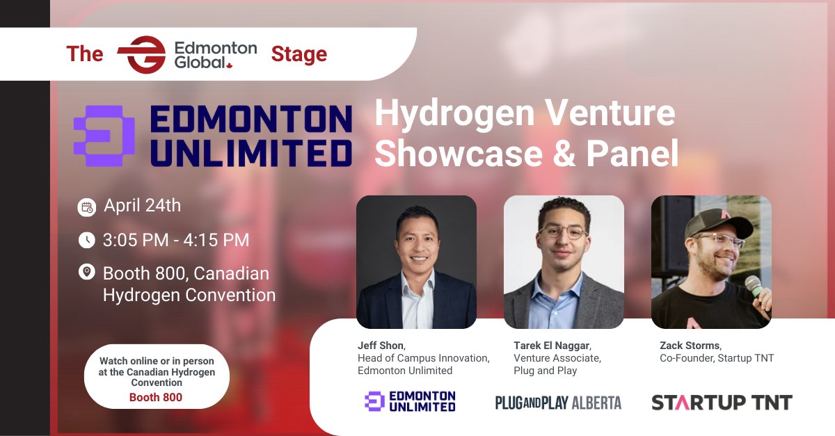 Next week, we're back at @hydrogen_expo with a panel featuring leaders from <a href="/EdmontonUnltd/">Edmonton Unlimited</a>, <a href="/Startup_TNT/">Startup TNT</a>, and <a href="/PlugandPlayTC/">Plug and Play Tech Center</a>, followed by a live showcase of 5 H2 and cleantech companies showcasing their solutions for 🇨🇦's net-zero future. 

 🔗 go.edmontonglobal.ca/chc-2025-edmon…