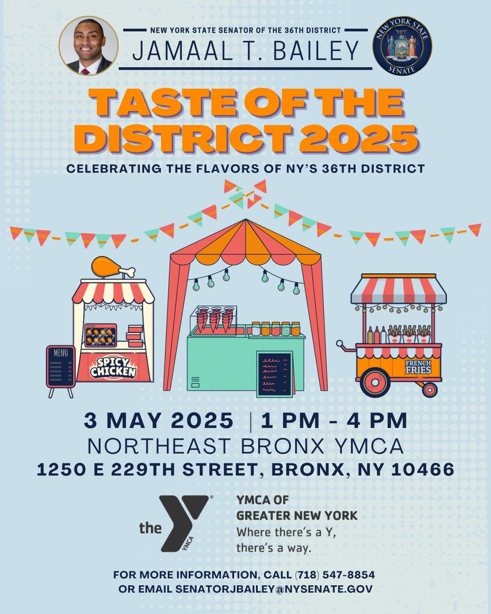 Come out and enjoy the Taste of the District Food Festival, Saturday, May 3rd, from 1–4 PM at the NE Bronx YMCA! We’re celebrating local restaurants, bold flavors, and great music—don’t miss it!