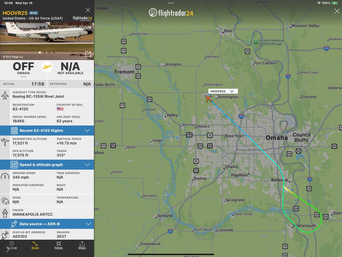 RBbethetruth's tweet photo. HOOVR25 R135 USAF
62-4125 #AE01D2
Boeing RC-135W Rivet Joint
OFF 17:50z to N/A
Noted 18:33z 04/16/25 ⁦@KLWNEWS1⁩ https://t.co/BpbvN7gkBm