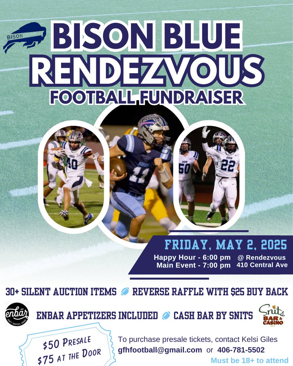Get ready for an exciting evening at the Bison Blue Rendezvous Football Fundraiser, proudly hosted by the Parent Group, on Friday, May 2, 2025, at Rendezvous (410 Central Ave). This 18+ event supports Bison football—contact Kelsi Giles at gfhfootball@gmail.com or 406-781-5502 🦬