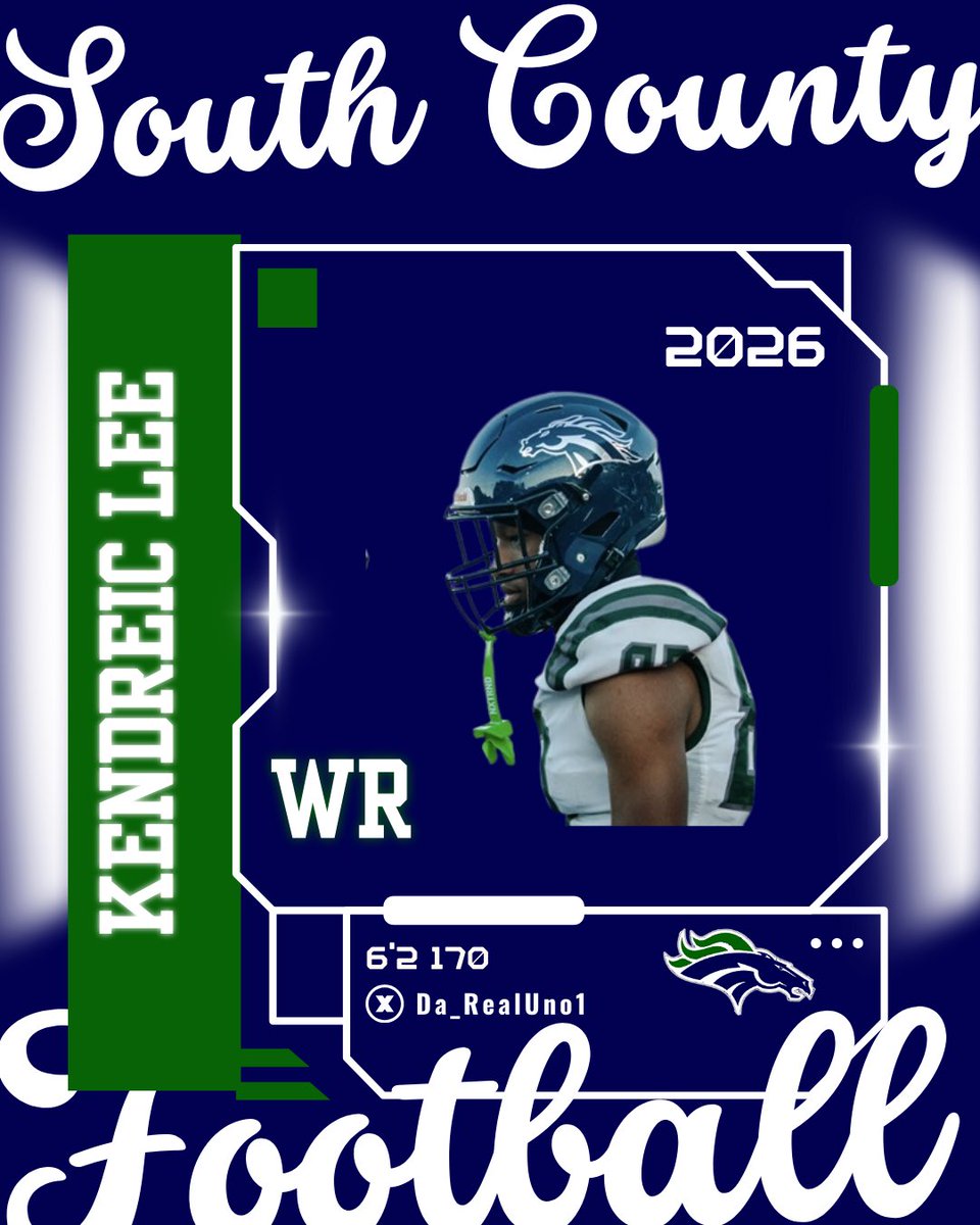 🟢South County Player Spotlight 🔵<a href="/SoCoFootball/">Stallion Football</a>
Name:  Kendreic Lee
Position: WR/DB
Year: C/O 2026
Size:  6’2 170
X:<a href="/Da_RealUno1/">Dreic Lee</a>