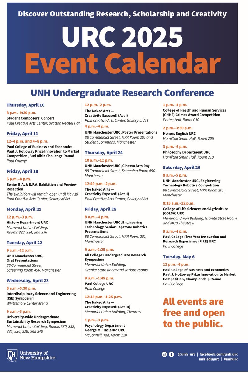 UNH URC (@unh_urc) on Twitter photo Want to see all of the #UNHURC events happening at <a href="/UofNH/">University of New Hampshire</a>? We have 20+ between both Durham and <a href="/UNHManchester/">UNH Manchester</a> campuses! Want to see all of the #UNHURC events happening at <a href="/UofNH/">University of New Hampshire</a>? We have 20+ between both Durham and <a href="/UNHManchester/">UNH Manchester</a> campuses!