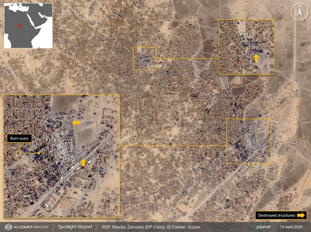 AllSourceA's tweet image. Analysis of GEOINT on 14 April 2025 shows damage caused by new attacks at an internally displaced persons camp near El Fasher, Sudan. bit.ly/2oeCGCj
Spotlight Report - Critical intelligence delivered to your inbox. allsourceanalysis.com/spotlight
#GEOINT #Sudan #Zamzam