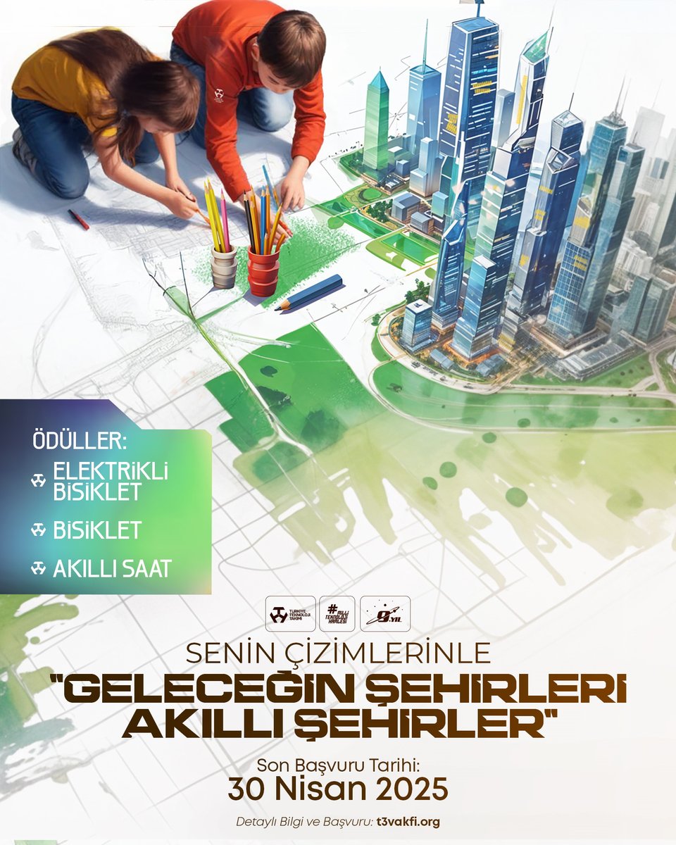 T3Vakfi's tweet photo. 23 Nisan Ulusal Egemenlik ve Çocuk Bayramı kapsamında düzenlediğimiz resim yarışmamıza başvurular 30 NİSAN'a kadar devam ediyor. 🎨

Senin Renklerinle 
❝Geleceğin Şehirleri I Akıllı Şehirler❞ 🌆 🚀

👉 Başvuru ve bilgi için: https://t.co/9oO65Bz9KY https://t.co/npNb1nlBAW