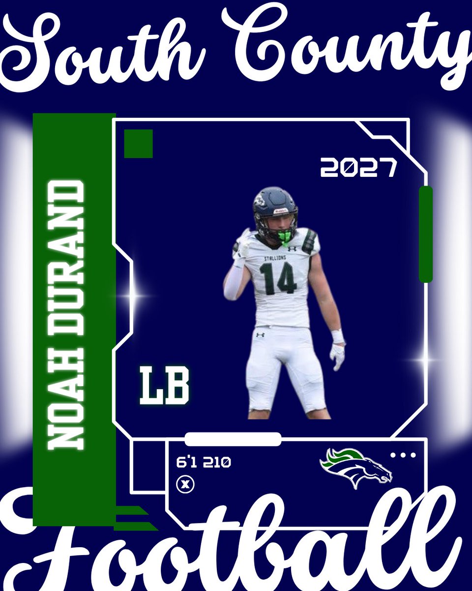 🟢South County Player Spotlight 🔵<a href="/SoCoFootball/">Stallion Football</a>
Name:  Noah Durand
Position: LB 
Year: C/O 2027
Size:  6’1 210