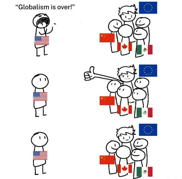 LOL - it's fucking true tho.  Everyone will be able to continue on without the USA.  Trump can throw as many tantrums as he wants - the USA is done for as being a reputable nation.