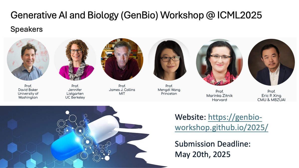 GenBio Workshop @ ICML25 (@genbio_workshop) on Twitter photo Hi everyone, we are so back!
Delighted to announce the 2nd Generative AI and Biology (GenBio) Workshop <a href="/icmlconf/">ICML Conference</a> #icml2025! Join us in this exciting discourse on all aspects of the future of #GenerativeAI and Biology!! 🧬🚀
Website: genbio-workshop.github.io/2025/
1/n Hi everyone, we are so back!
Delighted to announce the 2nd Generative AI and Biology (GenBio) Workshop <a href="/icmlconf/">ICML Conference</a> #icml2025! Join us in this exciting discourse on all aspects of the future of #GenerativeAI and Biology!! 🧬🚀
Website: genbio-workshop.github.io/2025/
1/n