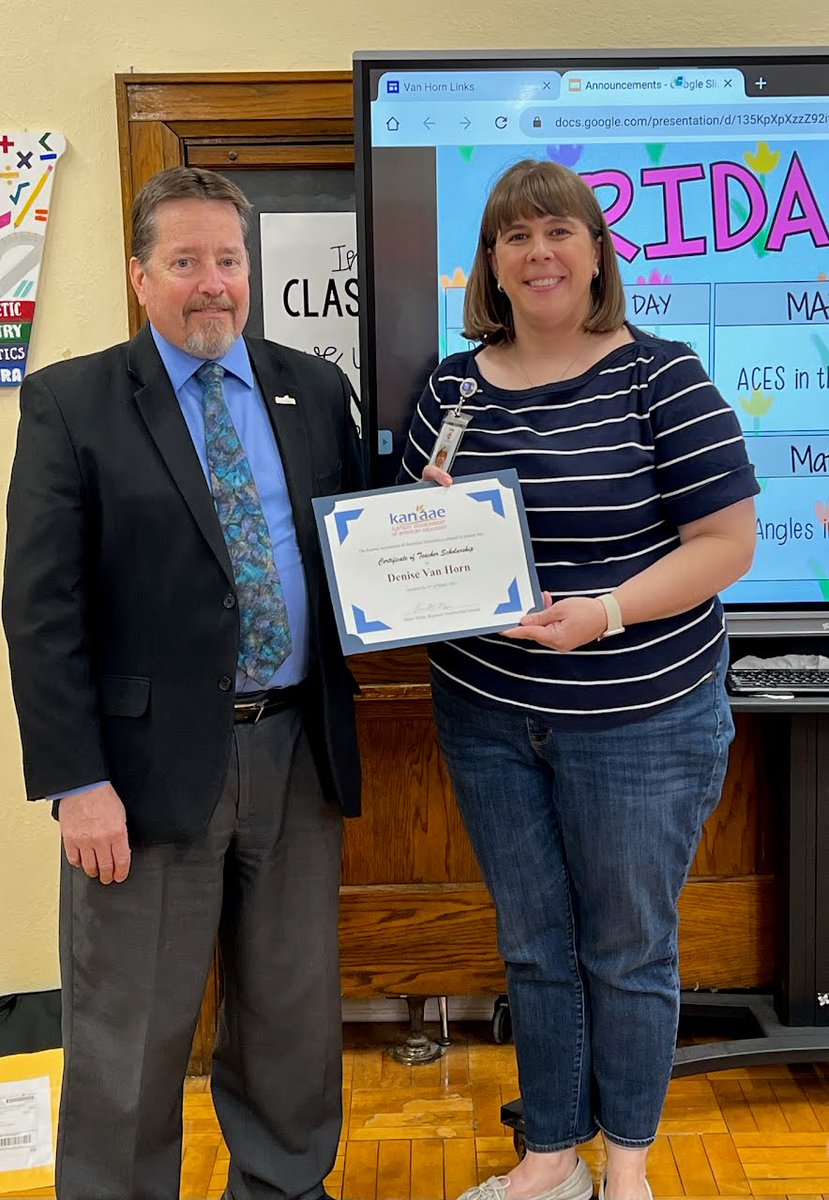 Congrats to <a href="/dmvanhorn/">Denise Van Horn</a>, <a href="/RobinsonMidSch/">Robinson MS</a>, <a href="/WichitaUSD259/">Wichita Public Schools</a> for winning a $500 <a href="/kanaaeorg/">Kansas Teachers</a> Teacher Scholarship. She was recently honored at her school by Bruce Major, KANAAE Reg Mmbship Dir. Denise will participate in a Texas Instruments Virtual Workshop this summer. Congrats Denise!