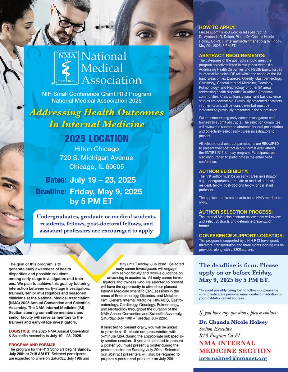 NMAAllergy's tweet photo. 🩺 Are you an early-career researcher passionate about health equity in chronic disease? NMA’s 2025 NIH R13 Conference is accepting abstracts! Deadline: Friday, May 9, 2025 at 5 PM ET. 📥 Email submissions to: internalmed@nmanet.org #NMAAAI #NMA2025 #HealthEquityInAllergy https://t.co/ZJ0pNzAWmr